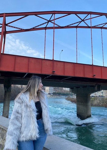 Gri Kadın Suni Kürk Midi Ceket - Görsel 3