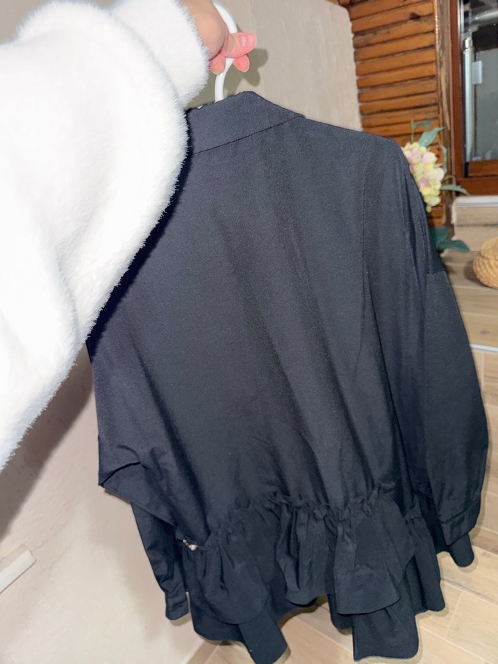 Uzun Kollu Siyah gömlek Fırfırlı - Görsel 4