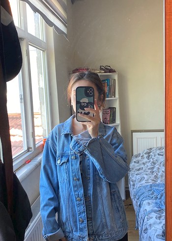 Kadın Mavi Batik Desenli Salaş Denim Ceket