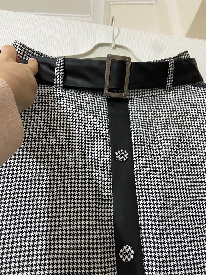 Kemerli Uzun Ekose Desenli Kadın Etek - Görsel 2