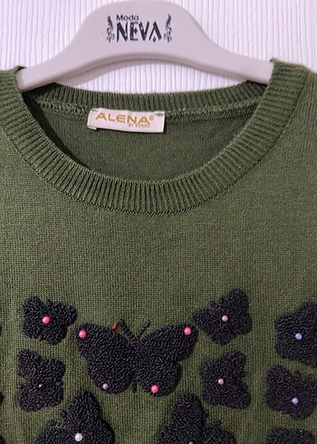 Uzun Kollu Nakışlı Yeşil Triko Kadın Kazak tunik - Görsel 2