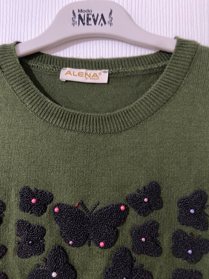 Uzun Kollu Nakışlı Yeşil Triko Kadın Kazak tunik - Görsel 2