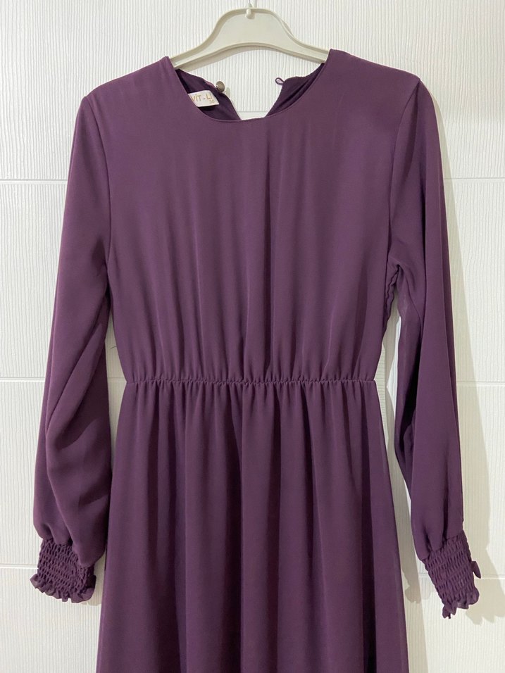 Mor Uzun Kollu Piliseli Kadın Elbise - Görsel 2