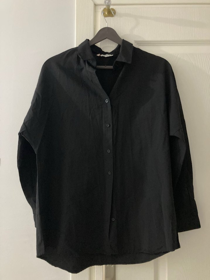 Düğmeli Siyah Keten Kadın Gömlek - Görsel 2