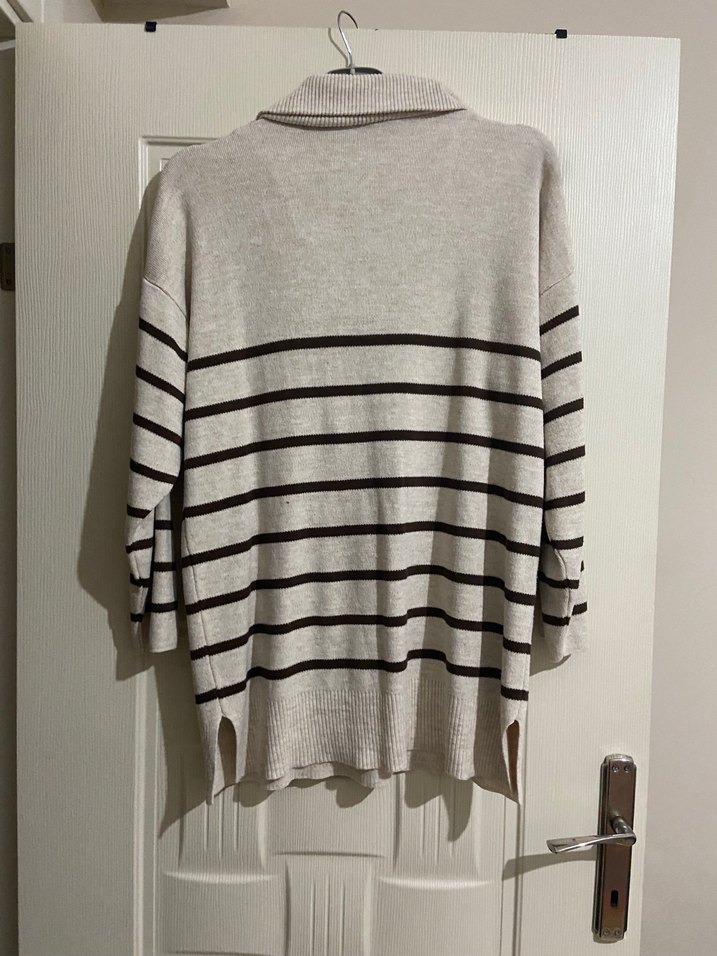 Bej Çizgili Uzun Kollu Triko Kazak - Görsel 3