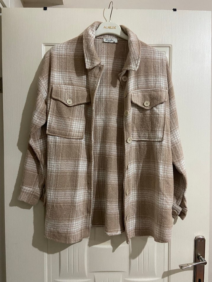 Bej Ekose Düğmeli Kadın Gömlek - Görsel 5