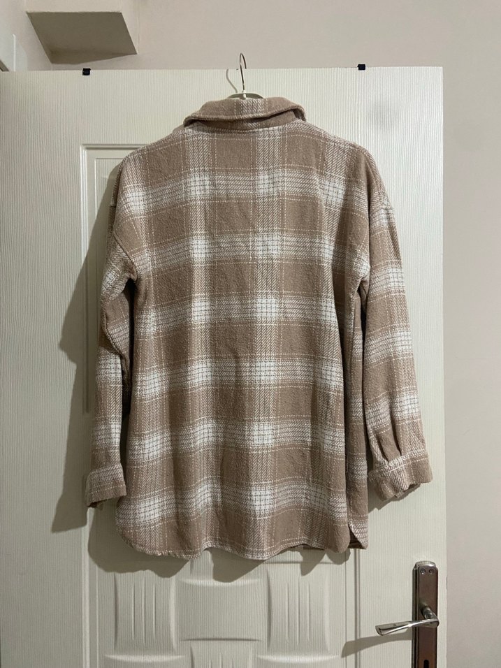 Bej Ekose Düğmeli Kadın Gömlek - Görsel 4