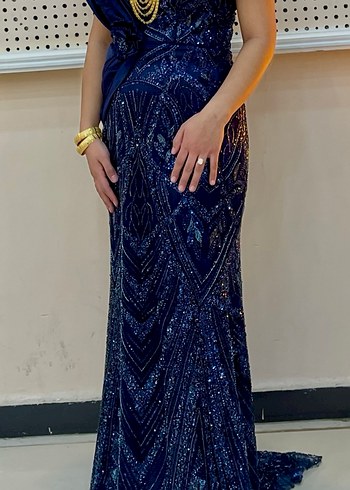 Parıltılı Lacivert V Yaka Uzun Abiye Elbise - Görsel 2