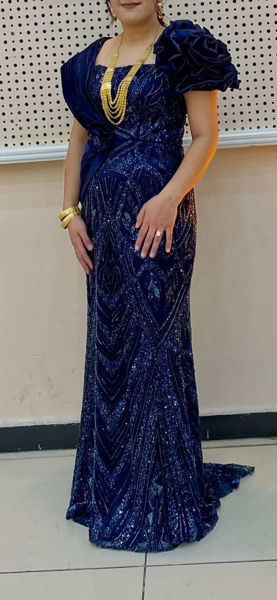 Parıltılı Lacivert V Yaka Uzun Abiye Elbise - Görsel 2