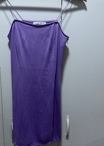 Mor Midi Saten Askılı Elbise - Görsel 3