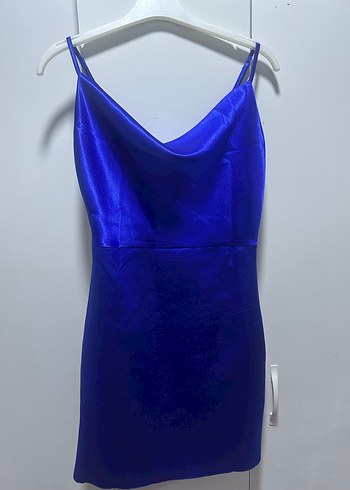 Mavi Parlak V Yakalı Drapeli Mini Elbise - Görsel 3