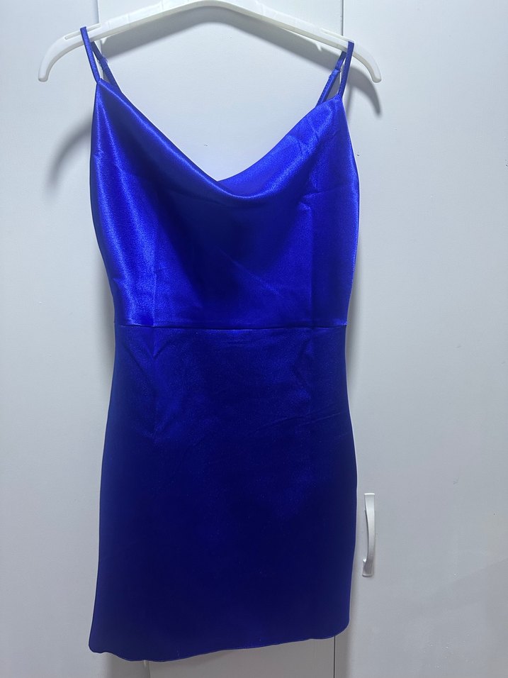 Mavi Parlak V Yakalı Drapeli Mini Elbise - Görsel 2