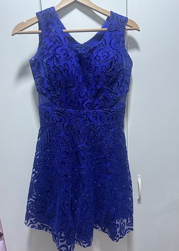 Dantel İşlemeli Kısa Mavi Abiye Elbise - Görsel 4