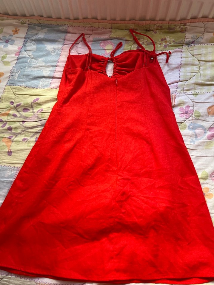 Kırmızı Keten Midi Bohem Elbise - Görsel 3