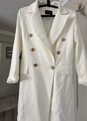 m Beden Düğmeli Beyaz Uzun Kadın Blazer Ceket