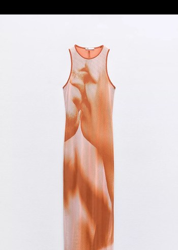 Zara Şeffaf Bej Batik Desenli Uzun Kadın Elbise