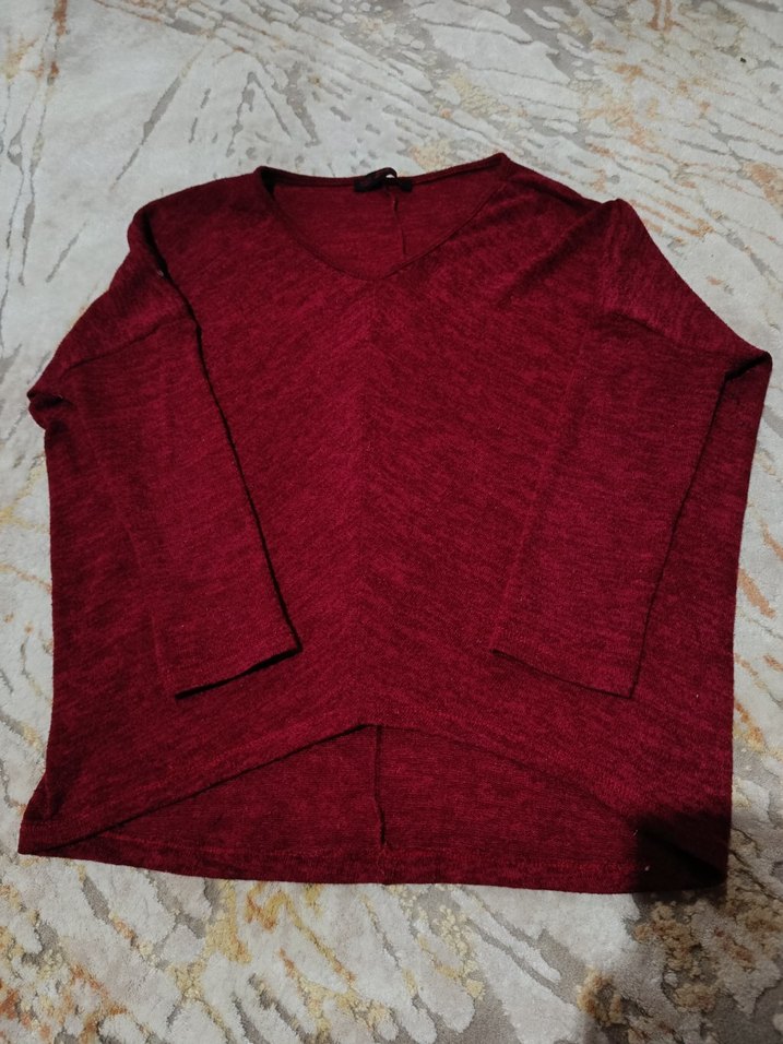 Bordo V Yaka Uzun Kollu Kadın Triko - Görsel 2