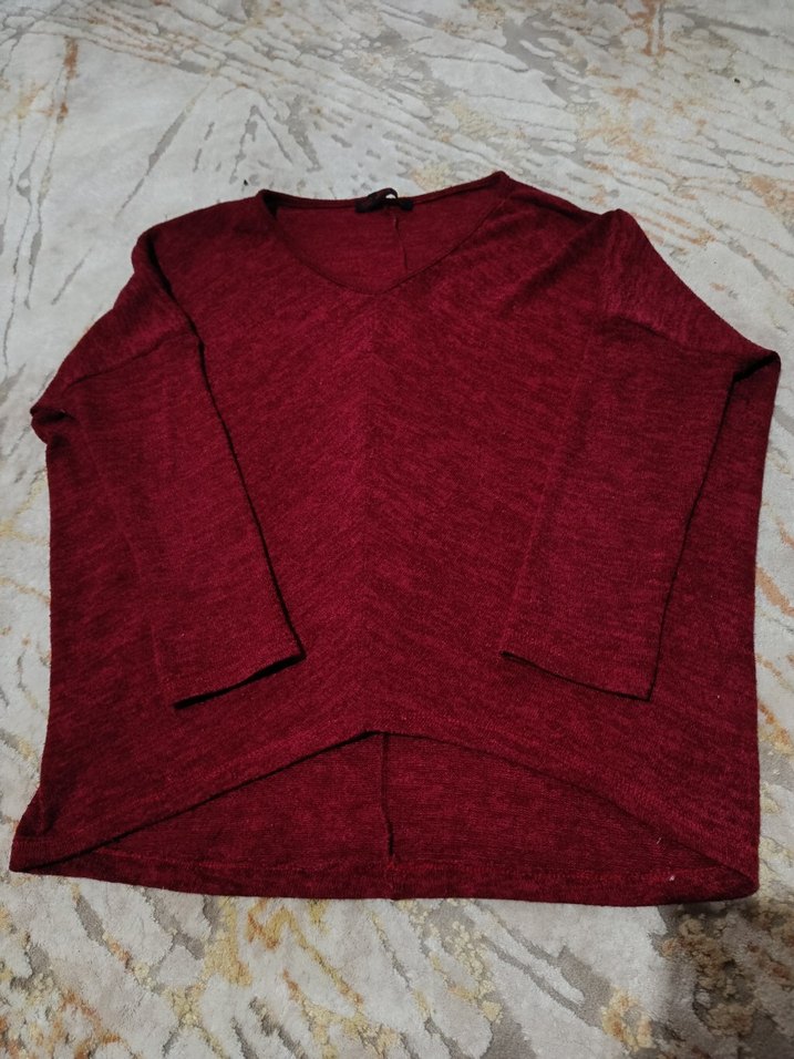 Bordo V Yaka Uzun Kollu Kadın Triko - Görsel 3