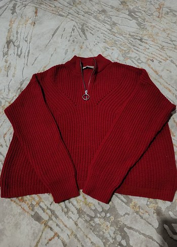 Bordo Yarım Fermuarlı Örgü Kadın Kazak - Görsel 2