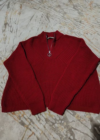 Bordo Yarım Fermuarlı Örgü Kadın Kazak - Görsel 3