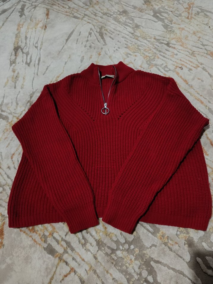 Bordo Yarım Fermuarlı Örgü Kadın Kazak - Görsel 3