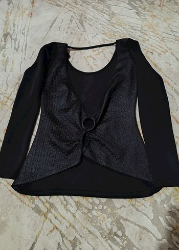 Pul İşlemeli Siyah Yuvarlak Yaka Uzun Kollu Bluz - Görsel 5