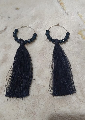 Lacivert Püsküllü Bohem Uzun Küpe - Görsel 2