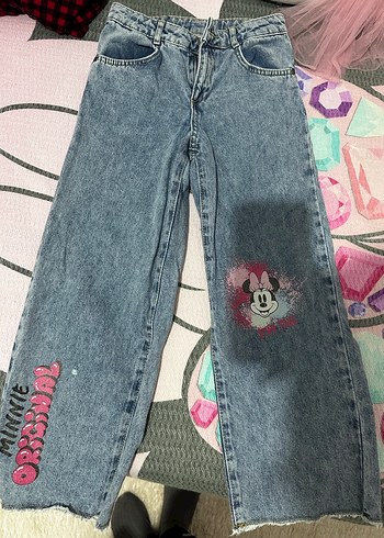 8 Yaş Beden Kız Çocuk Baskılı Bol Paça Denim Pantolon