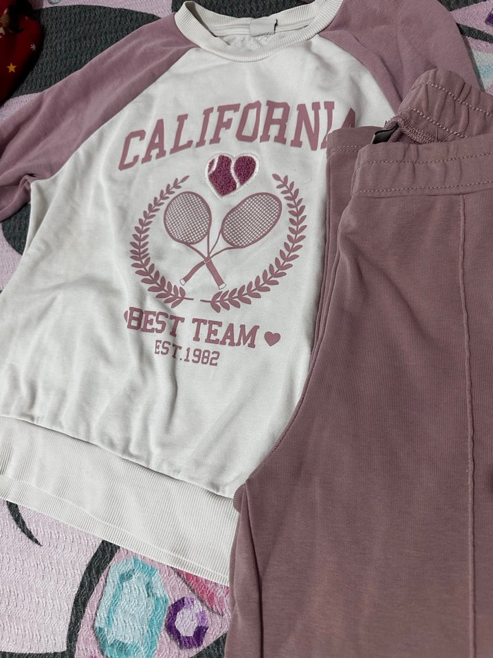 Kızlar için pamuklu pembe baskılı eşofman takımı - Görsel 2