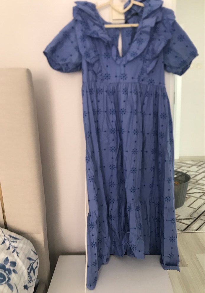 Mavi Nakışlı Uzun Bohem Elbise - Görsel 2