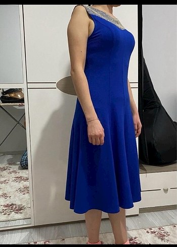 38 Beden mavi Renk Mavi Uzun Kollu V Yaka Kadın Elbise