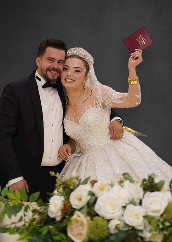 Uzun Kollu Beyaz Parlak A Kesim Gelinlik - Görsel 2