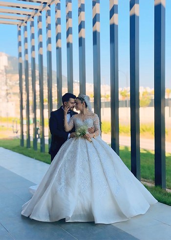 Uzun Kollu Beyaz Parlak A Kesim Gelinlik - Görsel 5