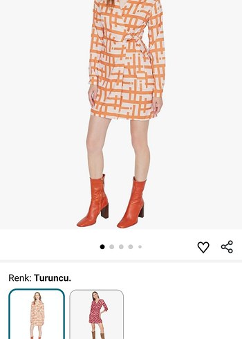 Turuncu V Yakalı Kemerli Mini Elbise - Görsel 2