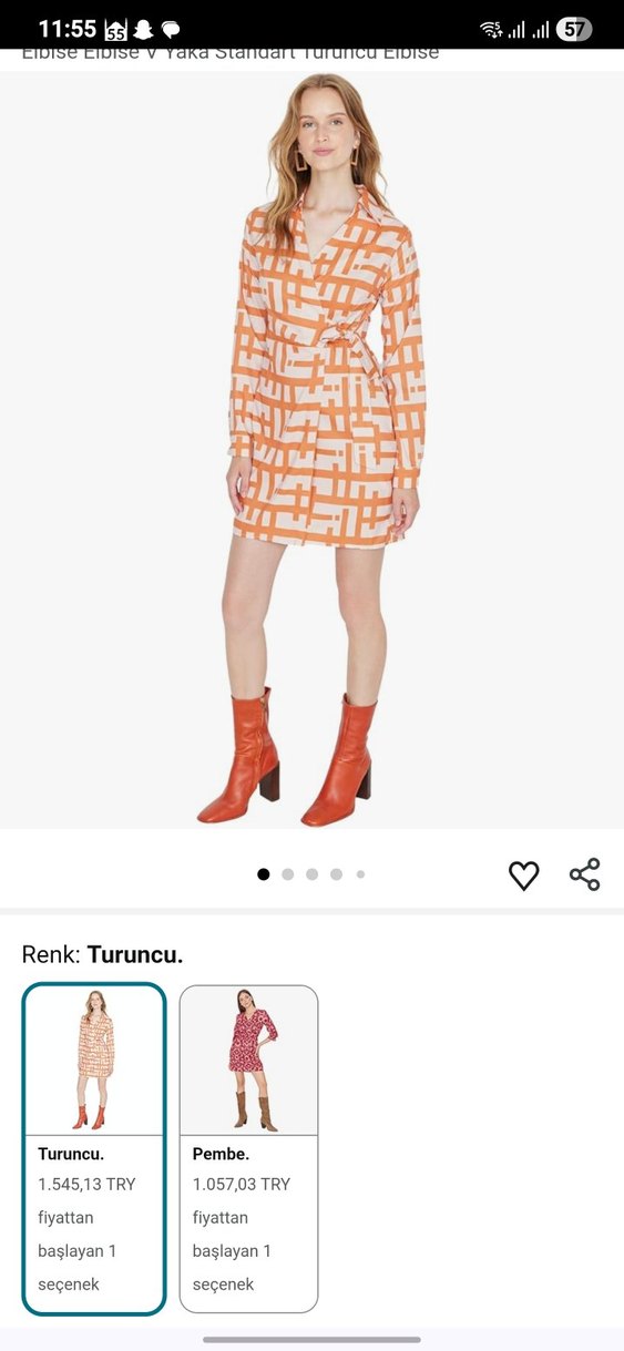 Turuncu V Yakalı Kemerli Mini Elbise - Görsel 2