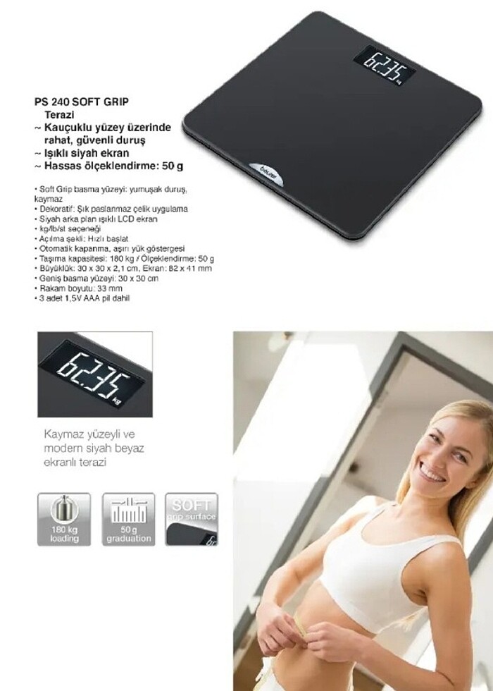 Beurer PS 240 Soft Grip Kaymaz Kauçuk Yüzey Dijital Baskül - Görsel 3