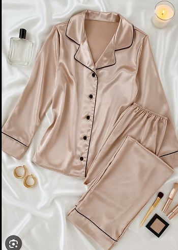 Bej Uzun Kollu Midi Kadın Pijama Takımı - Görsel 2