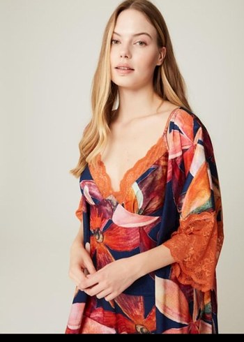 3lü Bohem Kısa Kollu
 Bağlama Desenli Kadın sabahlık Pijama seti - Görsel 2