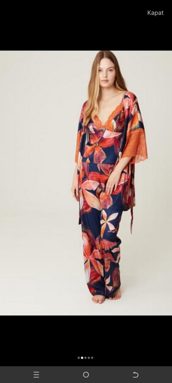 3lü Bohem Kısa Kollu
 Bağlama Desenli Kadın sabahlık Pijama seti - Görsel 5