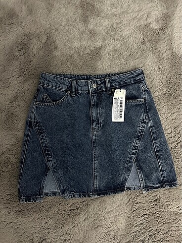 Mavi Yırtmaçlı Denim Etek