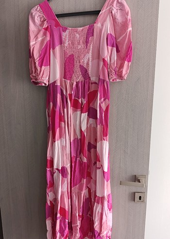Diğer Pembe Batik Desenli Uzun Salaş Bohem Elbise