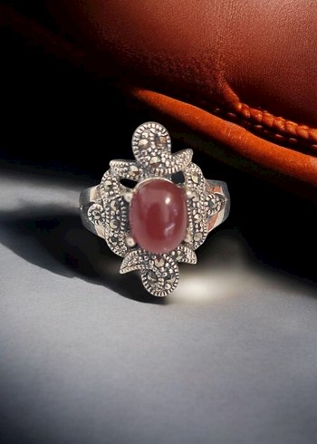 Bordo Boncuk Detaylı Vintage Kadın Yüzük