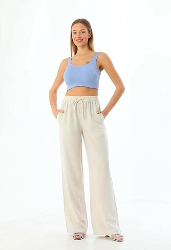 KADIN BELİ LASTİKLİ CEPLİ KETEN PANTOLON