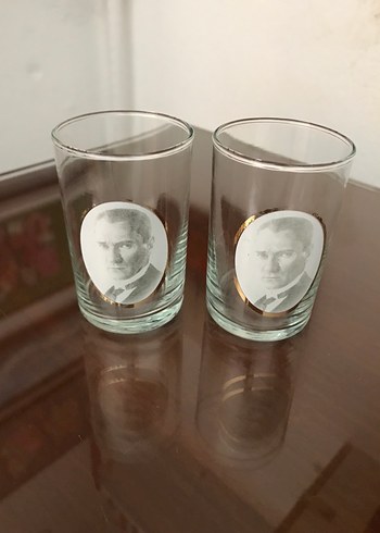 Bej Atatürk Portreli İki Cam Bardak