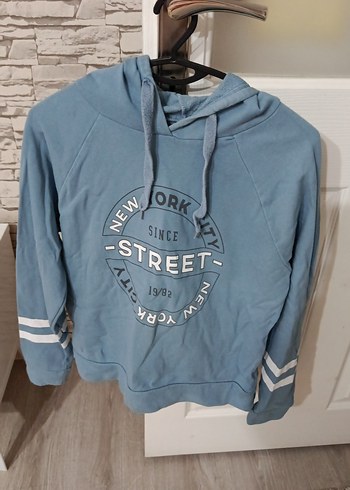 Mavi Kapüşonlu Street Style Sweatshirt
