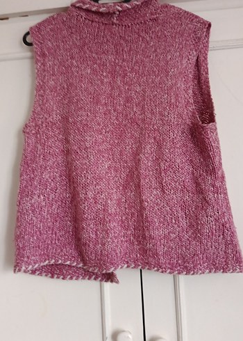Pembe Örgü Kadın Yelek Midi Boy - Görsel 3