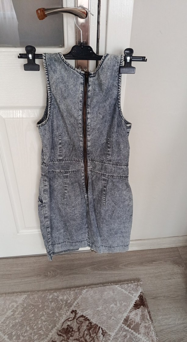 Gri Denim Kolsuz V Yaka Midi Tulum - Görsel 3