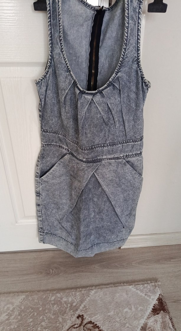 Gri Denim Kolsuz V Yaka Midi Tulum - Görsel 2