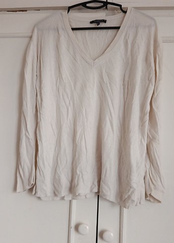 Bej V Yaka Kadın Keten Kazak - Görsel 5