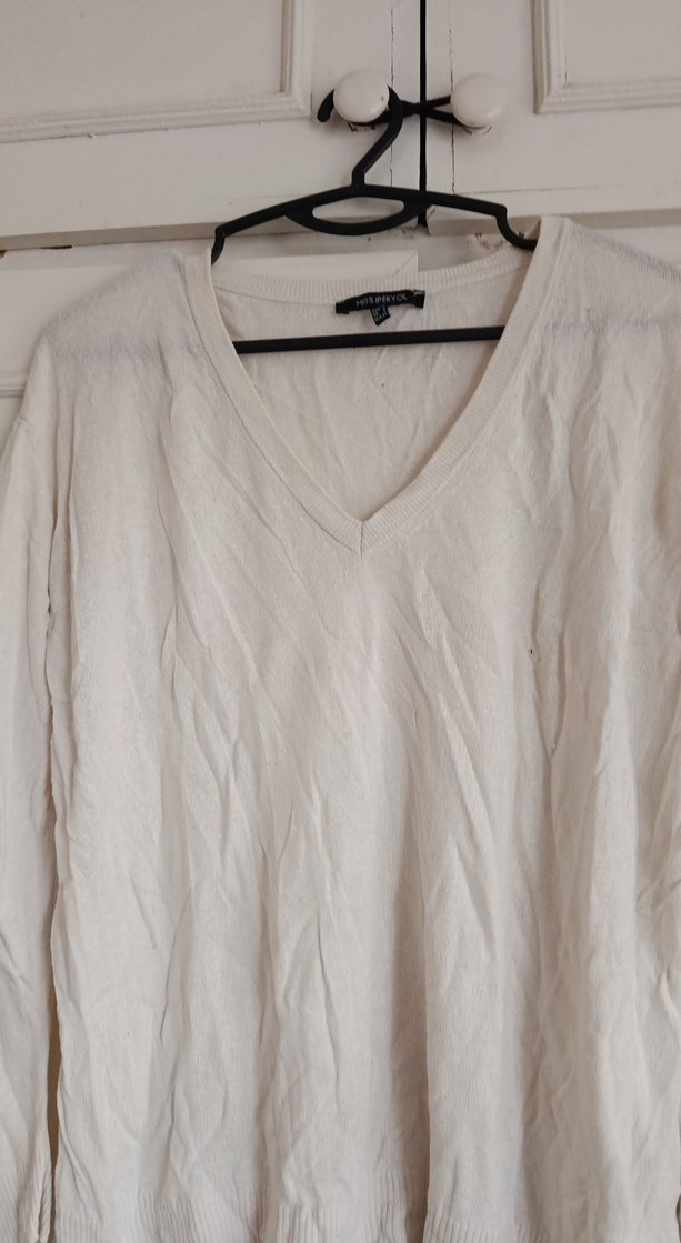 Bej V Yaka Kadın Keten Kazak - Görsel 4